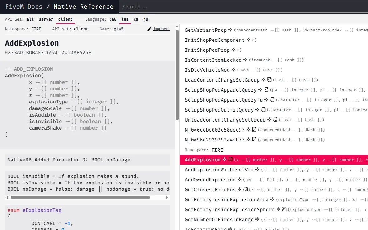 Example native reference: AddExplosion